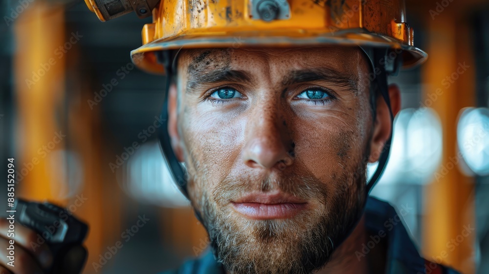 Poster builder with a drill, close-up of a builder in a helmet holding a drill. generative ai.