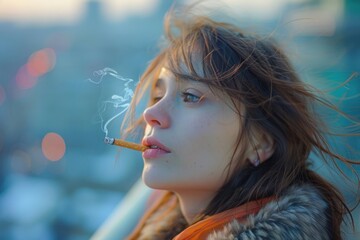 Obraz premium A woman is smoking a cigarette and blowing smoke out of her mouth