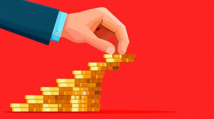 businessman hand placing golden coins on top of stacked coin pyramid for financial growth and success concept