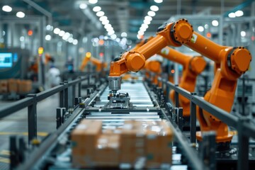 A factory with robots working on a conveyor belt
