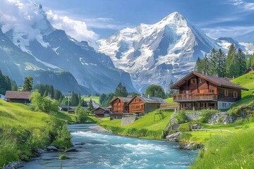 Fototapeta premium Swiss Village Amidst Majestic Mountains