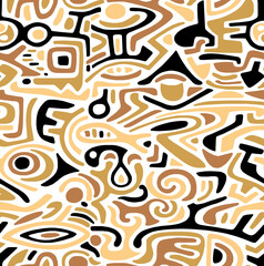 Abstract chaotic drawing in brown tones of geometric shapes drawn by hand.Seamless background.
