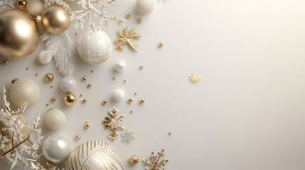 Merry Christmas and New Year. Christmas design. Shiny gold balloons, confetti and baubles. Christmas background. Festive composition