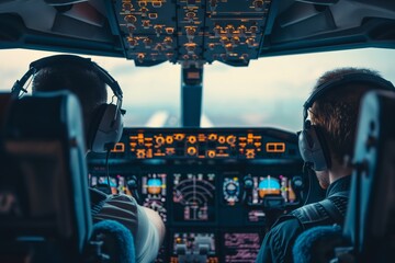 Two pilots navigating the cockpit of a commercial aircraft during takeoff preparation, focusing on instruments. National Aviation Day