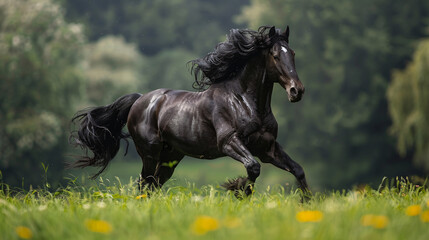 Friesian horse moving on grassland, depicting the beauty and majesty of nature. Suitable for equestrian events or nature-themed content.