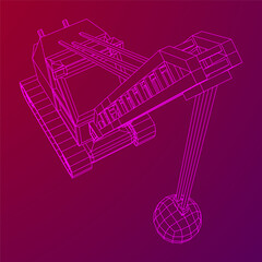 Wrecking ball excavator, demolition crane machine. Wireframe low poly mesh vector illustration