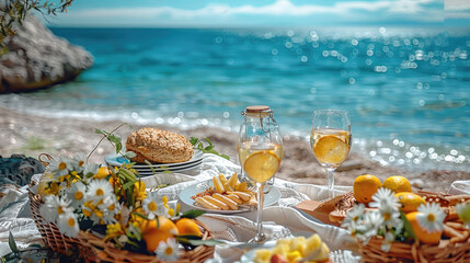 A picnic at the beach in summer, table on the beach, there are plates on the dining table, sea background. Generative AI.