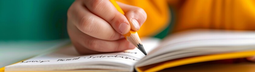 close-up of a hand writing in a notebook with a yellow pencil - student studying, taking notes, writing ideas, journaling, creative process