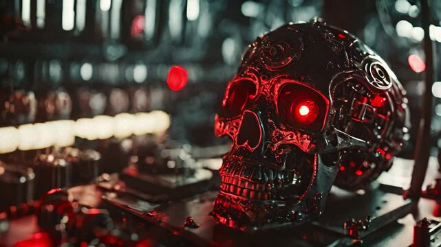 Cyberpunk Skull with Glowing Red Eyes