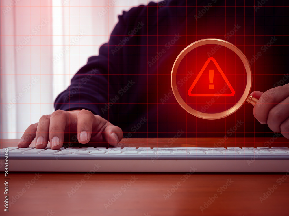 Poster virus alert. red triangle icon, system hacked error sign, malware, attention danger symbol warning s