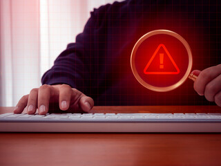 Virus alert. Red triangle icon, System hacked error sign, malware, attention danger symbol warning...