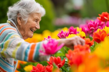 happy senior woman enjoying spring flowers in vibrant garden.