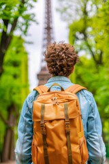 Fototapeta premium man with backpack gazing at the eiffel tower in paris, france, with a green foliage background.