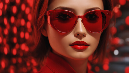 Fototapeta premium It's a close-up of a woman's face wearing red sunglasses and red lipstick. The background is blurry red.
