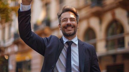 Portrait of happy western man looks in camera. hand in the air