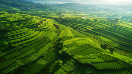 Aerial view of picturesque terraced rice fields stretching across rolling hills and valleys, creating a vibrant green patchwork under soft natural light.