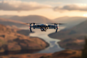 A drone is capturing aerial footage of a picturesque valley with mountains and a winding river during sunset. National Aviation Day, World Photo Day