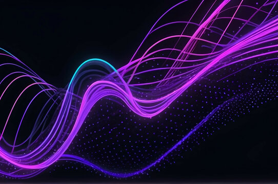 Gentle flowing fluorescent waves of light on the dack background.