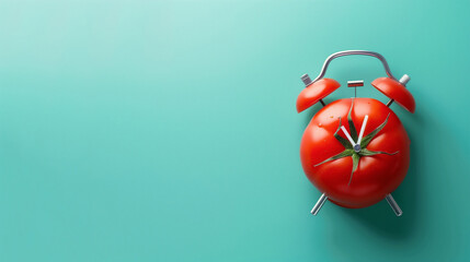 Pomodoro method, planning. Clock that looks like tomato. Red background, copy space banner