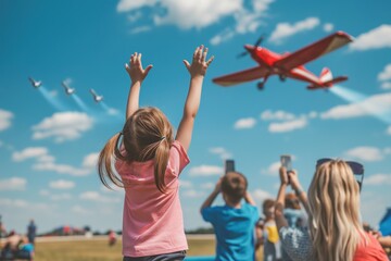 Joyful kids watching a vibrant airshow with planes performing stunts and colorful trails in a clear blue sky. National Aviation Day