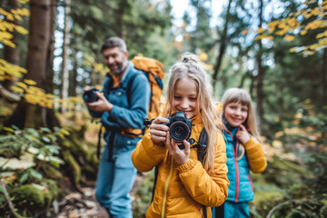 A family explores a lush forest, capturing happy moments with their cameras during a photography adventure. World Photo Day