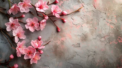 Delicate Pink Cherry Blossoms on Grey Background.