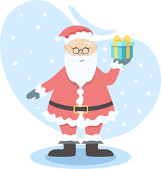 Santa claus holding a christmas present surrounded by snowflakes