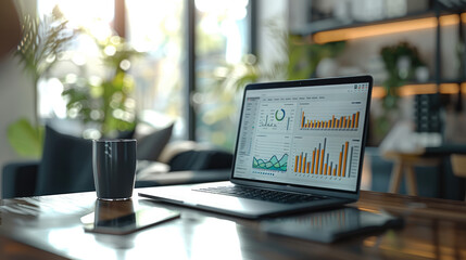 A modern office setting with a sleek desk featuring a high-end laptop open to a tool dashboard, a coffee cup next to the laptop, a notepad with handwritten notes. Generative AI.