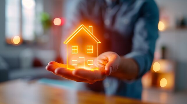 person holding a glowing orange house icon in hand, real estate concept, home ownership, property investment, dream home, modern interior design, affordable housing, residential property, property