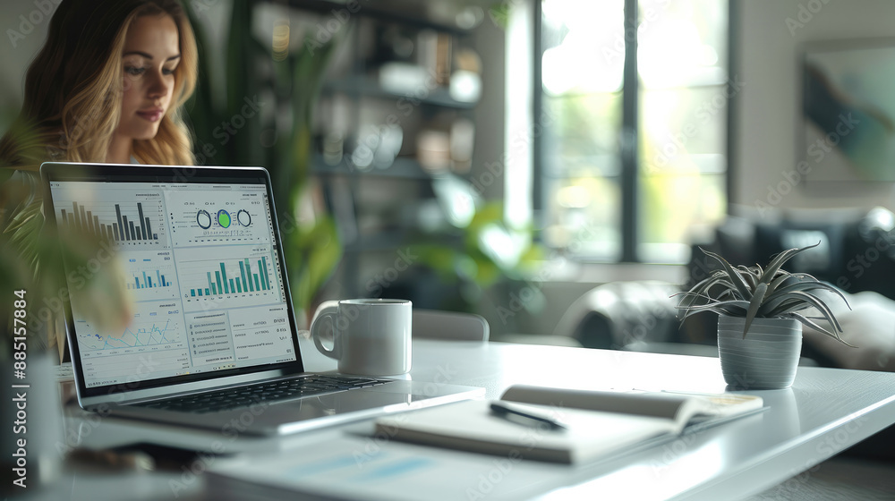 Poster A modern office setting with a sleek desk featuring a high-end laptop open to a tool dashboard, a coffee cup next to the laptop, a notepad with handwritten notes. Generative AI.