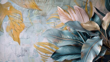 Textured wall with large art painted leaves in soft pastel colors, ideal for home decor.
