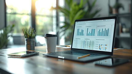 A modern office setting with a sleek desk featuring a high-end laptop open to a tool dashboard, a coffee cup next to the laptop, a notepad with handwritten notes. Generative AI.