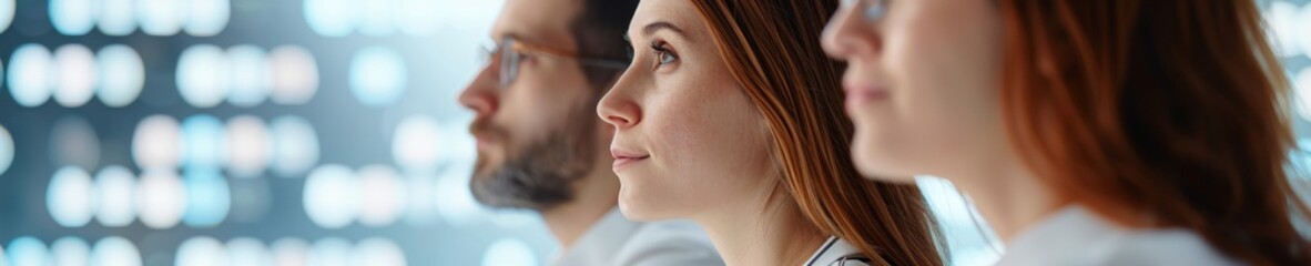 Obraz premium thoughtful business professionals looking out window in modern office setting with bokeh lights