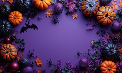 Obraz premium happy halloween holiday concept vertical banner,halloween decorations bats pumpkins spiders witch hats,brooms on purple background flat lay top view copy space