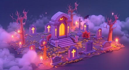 3D cartoon vector illustration of a graveyard scene with tombstones and eerie fog, leaving a large space open for text