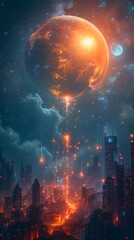 Obraz premium A cityscape with a large orange planet in the background. The city is lit up with neon lights and the sky is filled with stars. Scene is futuristic and otherworldly