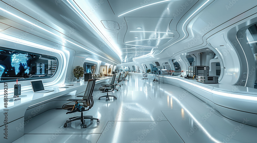 Aufkleber A sleek IT department with high-tech workstations, cable management systems, and a futuristic design, emphasizing efficiency and innovation. Generative AI.