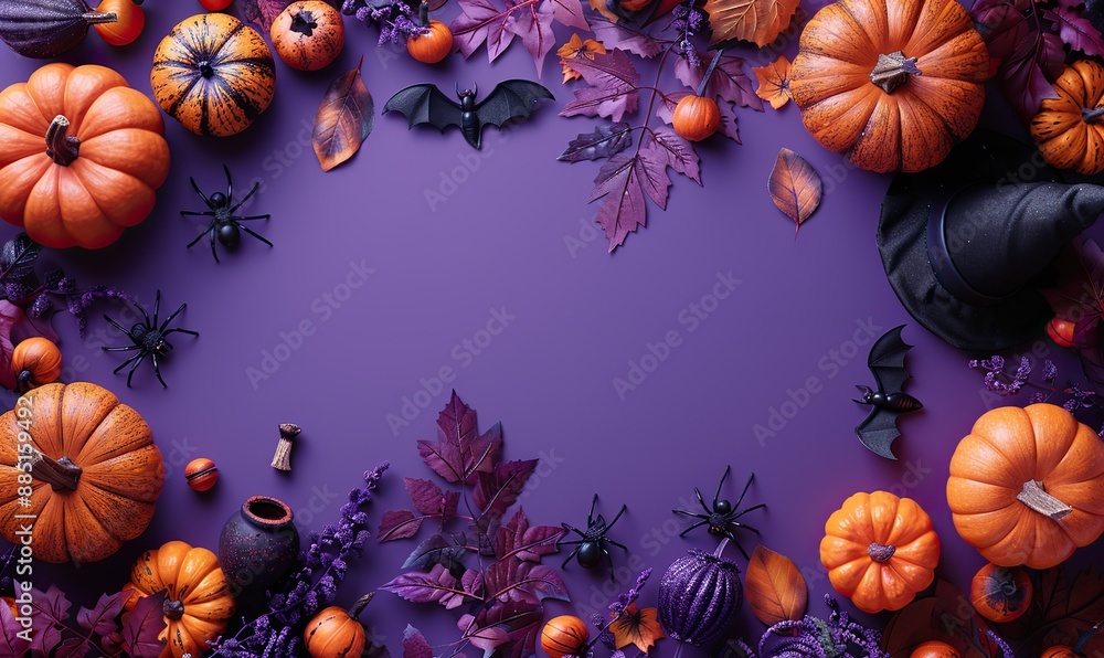 Wall mural happy halloween holiday concept frame made of halloween decor pumpkins spiders bats witch brooms pot