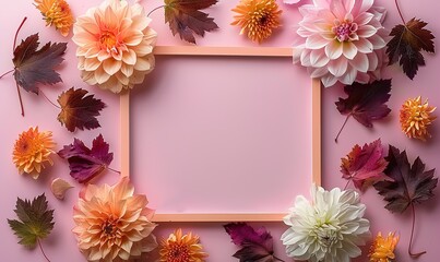 A frame on a pink background with several flowers decorated on it