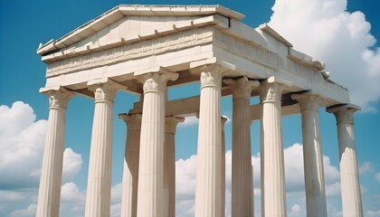Fototapeta premium Illustrate grand temples with Doric columns and detailed friezes, set against a bright blue sky with scattered white clouds. 