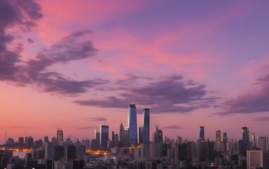 Fototapeta premium Apartment buildings and skyscrapers silhouette against the fading light of dusk.