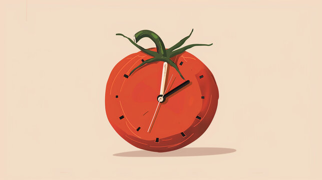 Pomodoro method, planning. Clock that looks like tomato. Pastel background, copy space banner
