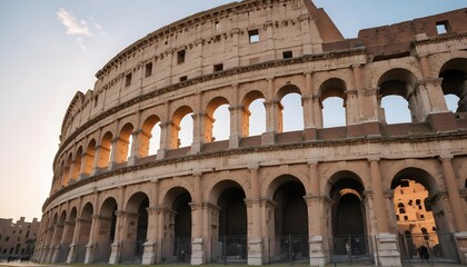 Naklejka premium ancient Roman structures like the Colosseum, with its towering arches and intricate stonework, under a clear sky.