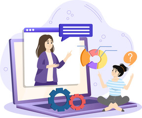 Businesswoman giving online presentation explaining charts and business strategy using laptop computer