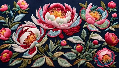 Peony Flowers on Embroidery Art 
