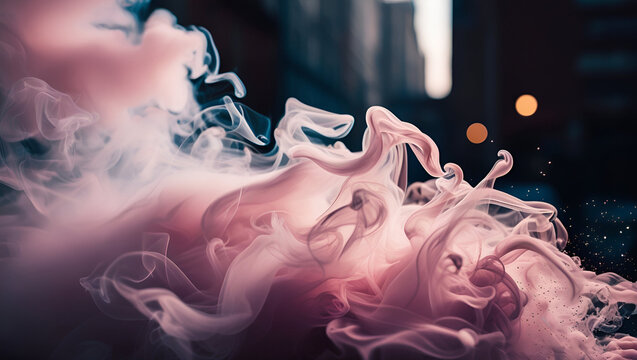 AI-generated illustration of a pink, fluffy pastel ink smoke cloud on a black background.
