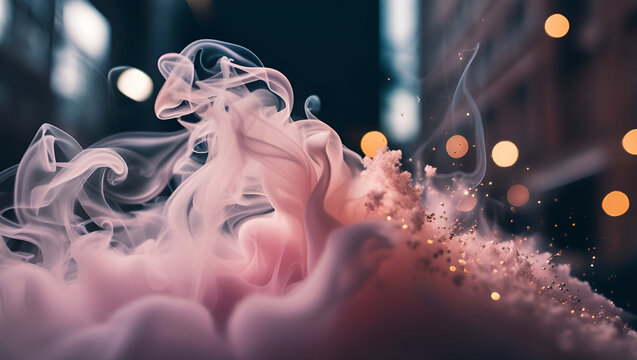 AI-generated illustration of a pink, fluffy pastel ink smoke cloud on a black background. - Powered by Adobe