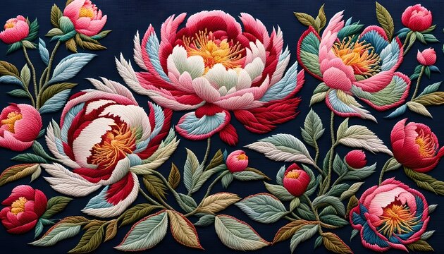 Peony Flowers on Embroidery Art 