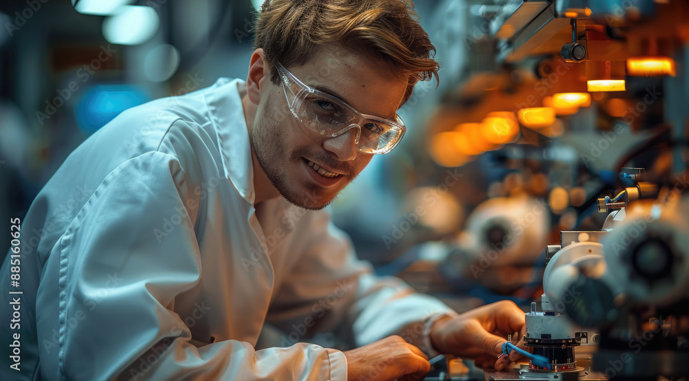 Poster the young scientist is smiling, engaged in robotics, a bright atmosphere. generative ai.