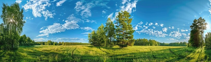 Fototapeta premium Summer Panorama with a Green Field, Trees, and a Sunny Sky